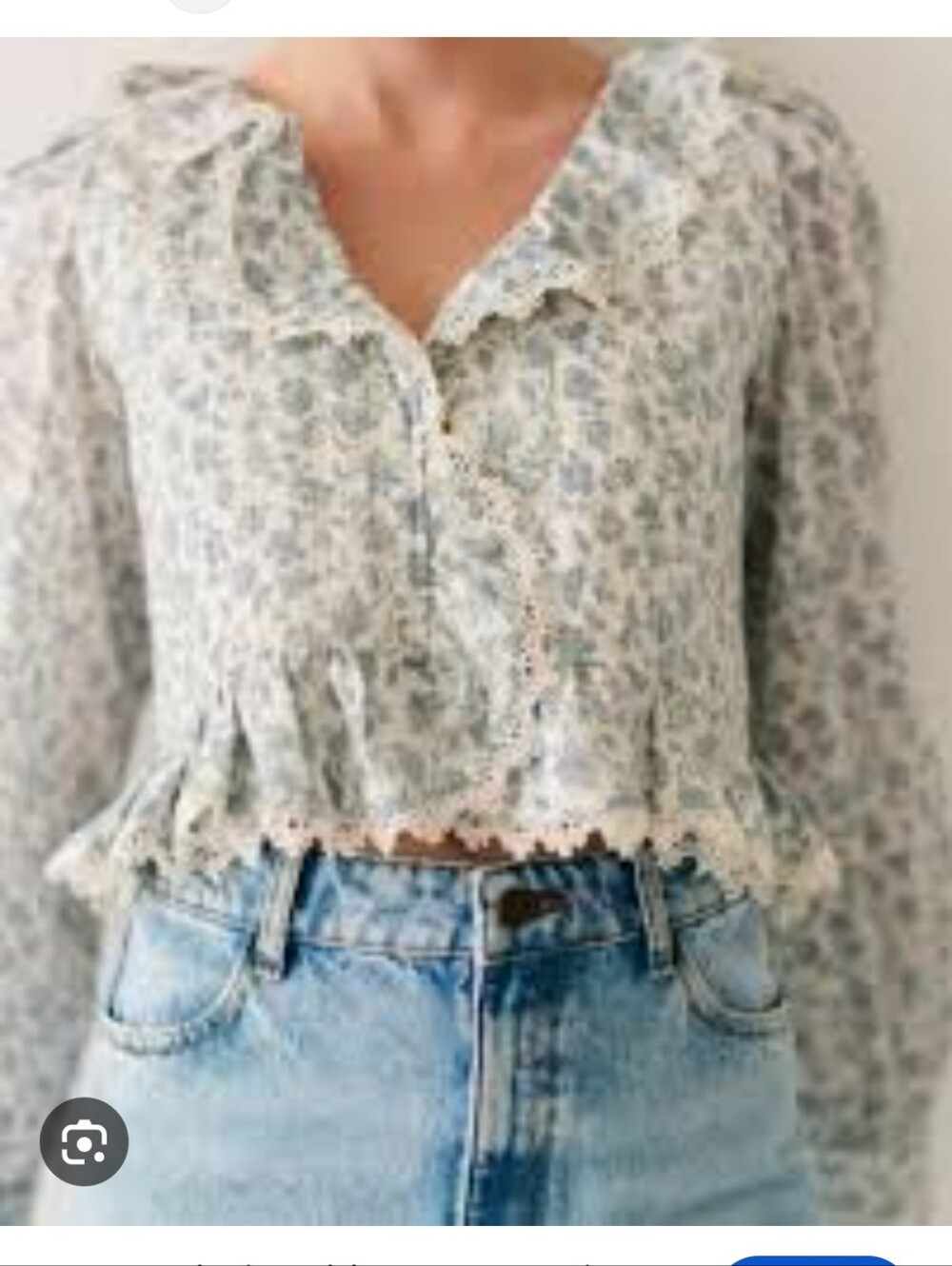 Sézane Alexiana Blouse Romantic Ecru Garden Print Blue Floral Quilted Lace M
